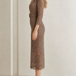 Elegant Floral Lace Belted Midi Dress with Ruffle Shoulders