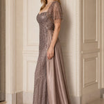 Sequin Beaded Evening Gown with Fringe Tassel Sleeves and Satin Overskirt Train