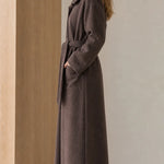 Women's Ribbed Knit Collar Longline Wool Blend Trench Coat with Belt
