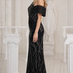 Sequined Off-Shoulder Illusion Mermaid Evening Gown