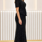 Sequined Embroidered Peplum Evening Gown with Short Sleeves