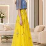 Floral Embroidered Beaded Flutter Sleeve Tulle A-Line Evening Gown