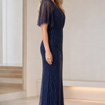 Beaded Flutter Sleeve Evening Gown Elegant Sparkle Maxi Dress