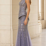 Mirrored Sequin Embellished Peplum Mermaid Evening Gown