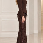 Sequined Peplum Long Sleeve Formal Evening Gown