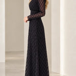Elegant High Neck Geometric Pattern Long Sleeve Maxi Dress