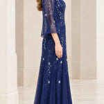 Sequined Botanical Sheer Sleeve Chiffon Maxi Evening Gown