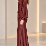 Deep V-Neck Pleated Long Sleeve Twist Front Evening Gown with Slit