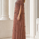 Elegant Beaded Mesh Cape Maxi Dress