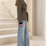Women's Herringbone Belted Utility Blazer Jacket with Flap Pockets