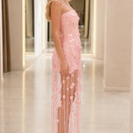 Strapless Sequin Fringe Maxi Dress with Disc Embellishments