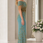 Off-Shoulder Beaded Formal Evening Dress with Fringe Detail