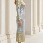 Metallic Sequin Chevron Long Sleeve Midi Evening Dress