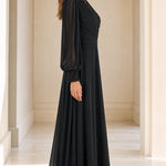 Embellished High Neck Long Sleeve Chiffon Maxi Evening Gown