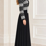 Sequined Jacket Overlay Pleated Maxi Evening Dress with Embellished Waist Detail