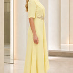 Elegant Beaded Waist Draped Short Sleeve Maxi Evening Dress
