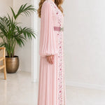 Embroidered Pleated Kaftan Maxi Dress with Embellished Belt