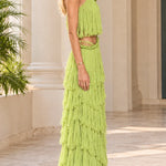 One-Shoulder Cutout Tiered Ruffle Maxi Dress with Braided Rope Trim