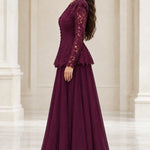 Elegant Lace Peplum Long Sleeve Formal Evening Gown