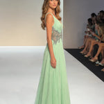 Pleated V-Neck Embellished Floor-Length Evening Gown