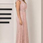 Draped V-Neck Sequin Lace Evening Gown with Front Slit and Corset Back