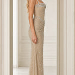 Rhinestone Embellished Ruched Waist Evening Gown with Crystal Neckline