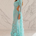 One-Shoulder 3D Floral Applique Cutout Maxi Evening Dress