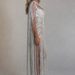 Luminous Beaded Fringe Cape Evening Gown