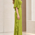 Floral Jacquard Asymmetrical Maxi Dress with Embellished Neckline