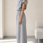 Women's Cowl Neck Short Sleeve Top and Wide Leg Sweatpants Loungewear Set