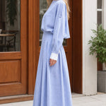 Women's Striped Boat Neck Blouson Maxi Dress with Contrast Cuffs