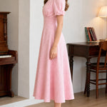 Elegant Short Sleeve Woven A-Line Midi Dress with Puff Sleeves