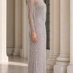 Elegant High-Neck Beaded Long Sleeve Evening Gown