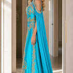 Halter Neck Embroidered Cape Evening Gown with Beaded Fringe