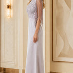 Sequin Beaded Fringe Mock Neck Maxi Evening Gown with Lace-Up Back