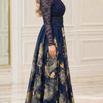 Metallic Floral Lace Long Sleeve Evening Gown with Beaded Waist
