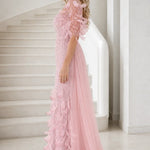 Feather Applique Sequin Embroidered Evening Gown with Tulle Overskirt