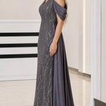 Sequin V-Neck Cold-Shoulder Evening Gown with Draped Satin Train
