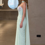 Floral Applique Sweetheart Evening Gown with Draped Cape Scarf