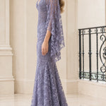 Floral Lace Cape Sleeve Mermaid Evening Gown with Corset Bodice