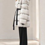 Women's Hooded Belted Faux Fur Coat with Tiered Plush Panels