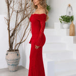 Off-the-Shoulder Floral Lace Mermaid Maxi Dress with Bell Sleeves