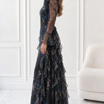 Floral Print Long Sleeve Chiffon Maxi Dress with Cascading Side Ruffles