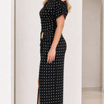 Women's Asymmetrical Neckline Polka Dot Midi Dress with Ruched Buckle Detail