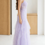 Floral Lace Corset Bodice Tulle Maxi Evening Gown with Slit