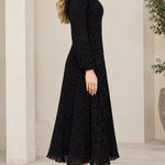 Women's Micro Dot Print Long Sleeve Midi Dress Elegant A-Line Pleated Hem Dress