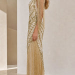 One-Shoulder Beaded Fringe Evening Gown