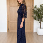 High Neck Embellished Mesh Maxi Dress with Sheer Balloon Sleeves