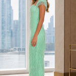 Rhinestone Sweetheart Fringe Maxi Gown with Cap Sleeves