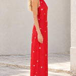 Women's Star Print Halter Maxi Dress with Fringe Hem